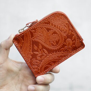永久保証 栃木レザー ペイズリー 薄型 極小 L字ファスナー コンパクト ウォレット FARIA オレンジ 財布の画像