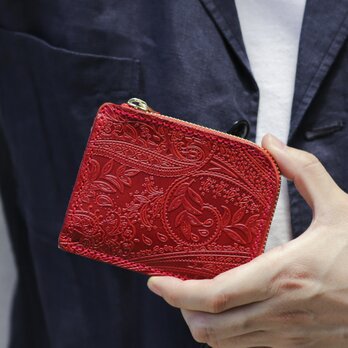 永久保証 栃木レザー ペイズリー 薄型 極小 L字ファスナー コンパクト ウォレット FARIA レッド 財布の画像