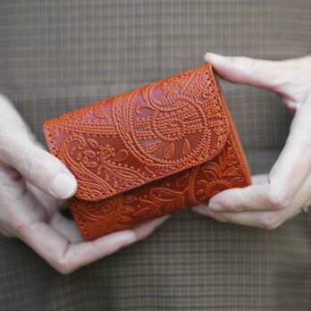 極小財布 オール 栃木レザー ペイズリー型押し コンパクト ウォレット PABLO オレンジ ミニ財布 三つ折り 本革の画像