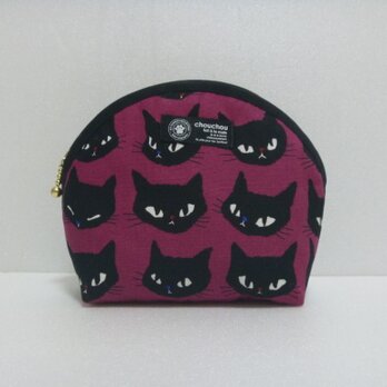 152.黒猫だらけ柄のポーチ　濃いピンク　再販の画像