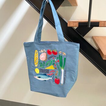 【デニム】野菜たっぷり 刺繍 デニムトートバッグの画像