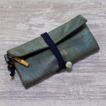 道中財布　ロールバッグ　コットン紬風グリーン色地製　「焼箔青貝箔」　真綿箔の画像