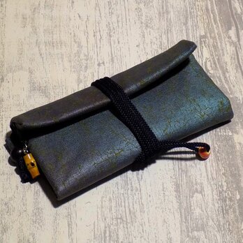 道中財布　ロールバッグ　コットン紬風グリーン色地製　「焼箔青貝箔」　真綿箔の画像