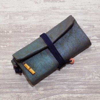 道中財布　ロールバッグ　コットン紬風グリーン色地製　「焼箔青貝箔」　真綿箔