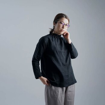 【M】【wafu】雅亜麻 Linen Top タートル ネック インナー 袖スリット/黒色 p014a-bck1-ｍの画像