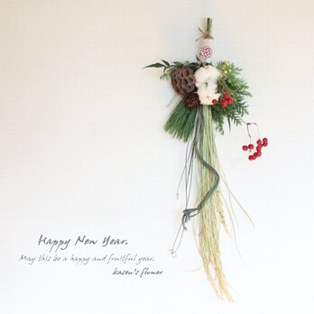 【お正月】ハスの実とコットンのお正月飾り　＊受注製作＊　しめ飾り　ドライフラワーの画像