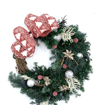 クリスマスツリーの赤いリボンが可愛いクリスマスリース　クリスマス　クリスマスリース　インテリア　玄関リース　オーナメント　の画像