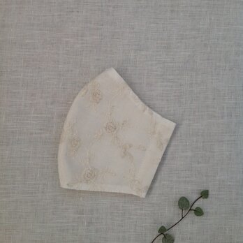 綿ローン  薔薇の刺繍のマスク (オフホワイト)     ＊ 送料無料  ＊の画像