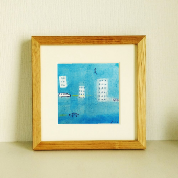 原画「都会の夜」※木製額縁入り　(18×18㎝フレーム）　青い絵・水彩・犬の画像