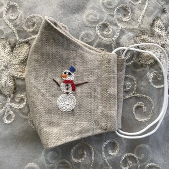 スノーマン刺繍のリネン立体マスク（送料無料）の画像