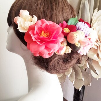 花kirari　サーモンピンク椿と桜の髪飾り14点Set No778の画像