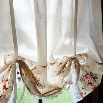 ナチュラルコットン♪花柄リボンアップカフェカーテン 横106cm×縦90cm スタイルカーテンの画像