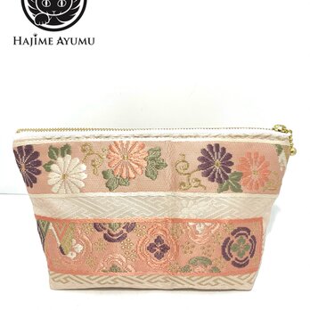 【現品限り‼︎】HAJIME AYUMU 高級柄付き花柄着物帯リメイク和風ポーチ ピンク