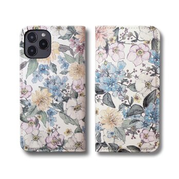 【両面デザイン】 iPhoneケース 手帳型 レザーケース カバー（花柄×ブラック）ヴィンテージパステルフラワー　ボタニカルの画像