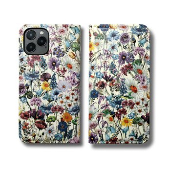 【両面デザイン】 iPhoneケース 手帳型 レザーケース カバー（花柄×ブラック）ワイルドフラワー　ボタニカルの画像