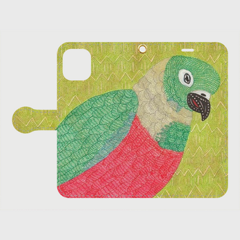 手帳型iPhoneケース/スマホケース/緑と赤のインコ/アカハラウロコインコの画像