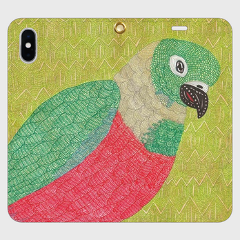 帯なし手帳型iPhoneケース/スマホケース/緑と赤のインコ/アカハラウロコインコの画像