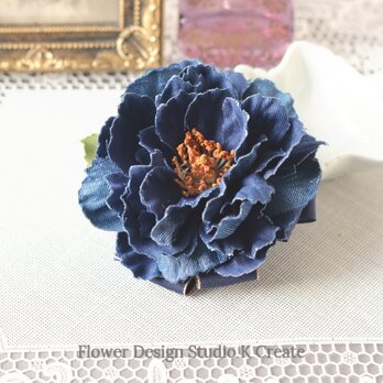 再販：インディゴデニムのピオニーのお花ヘアゴム　卒業式　入学式　青　ブルー　お花　ヘアゴムの画像