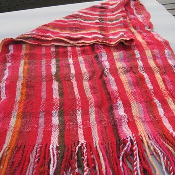 お値下げ品 手織り 大判ショール ＳＨＡ103A 赤系 シルク ウール アンゴラ 防寒 強撚糸の画像