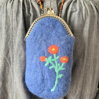 お花の羊毛刺繍のメガネケース（ブルー）の画像