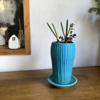 1 植木鉢　ターコイズブルー　受け皿付きの画像