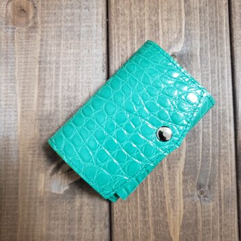 ワニ革 レディース・メンズ　ミニ財布 三つ折り財布　小さい　コンパクト　薄型　極小　エメラルドグリーン　の画像
