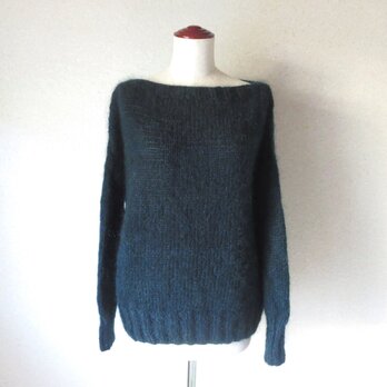『再販・受注製作』ダークグリーン＊キッドモヘアのまっすぐ衿のセーター＊ラムウール 柔らかセーターの画像