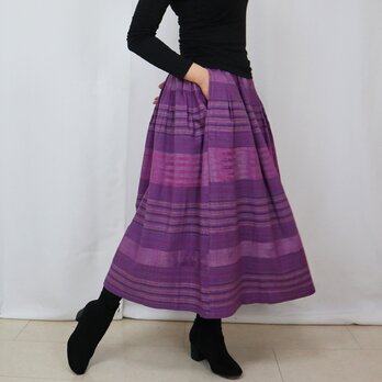 手織り綿絣ロングスカート、春萌ピンク2、オールシーズンの画像