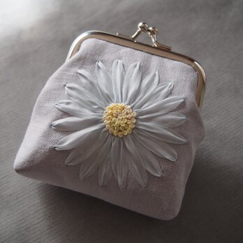 がま口　りぼん刺しゅう　水色フラワー　花　コインケース　MOKUBA リボン刺繍　ハンドメイド　財布　COSMOの画像