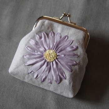 がま口　りぼん刺しゅう　薄紫フラワー　花　コインケース　MOKUBA リボン刺繍　ハンドメイド　財布　COSMOの画像
