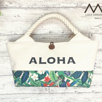 〖受注制作〗ハワイアン✿「ALOHA」プリント入りのロープひもミニトートバッグの画像