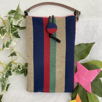 着物リメイク・紬のスマホポーチ・カラフルなストライプ　ハンドメイド