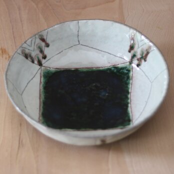 陶器 織部+粉引角模様盛り鉢 ｈ132の画像
