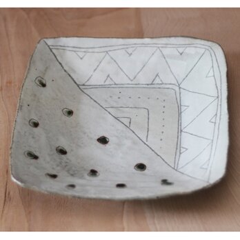 陶器 織部+粉引幾何学模様角皿（大）S122の画像
