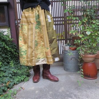 着物リメイク☆暖か色の紬で優しいロングスカート♪78cm丈の画像