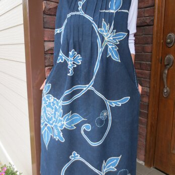 古布リメイク　筒描　藍染ジャンバースカート　刺し子　オリジナル　作家一点物の画像