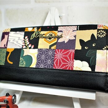春財布　猫と市松+ラミネート生地の長財布の画像