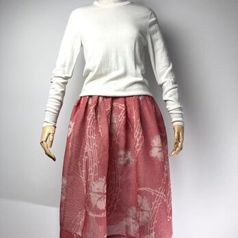 【着物リメイク】タック＆ギャザースカート/赤×白チェックにグレー花の画像