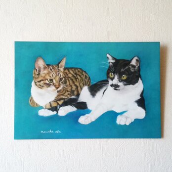 猫イラスト「青い猫 なかよし２匹」原画の画像