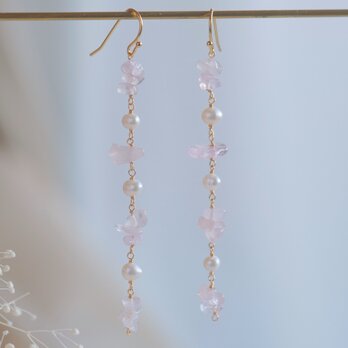 rose quartz earring：ローズクォーツ×パール　天然石ロングイヤリング・ピアスの画像