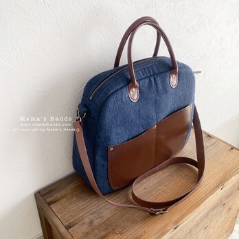 セール⭐️9点売れました⭐️ リネン ネイビー 紺  2way 革 ボストン形 （中）ショルダー バック♪