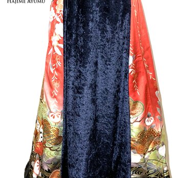 【現品1点のみ‼︎】HAJIME AYUMU 高級柄付着物リメイク&ベロアデザインフレアスカート 裏地フリース付きの画像