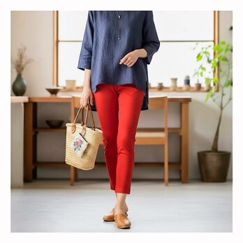 穿いている感じがしない美脚スキニーストレートストレッチロングパンツ:7～13号の方対応！通年使用◎赤コーラルレッド
