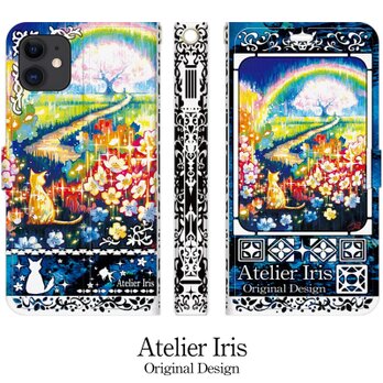 【虹と桜と】猫 油絵 iPhone 手帳型 スマホケース 携帯ケース 送料無料 青テクスチャーの画像