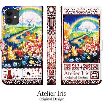 【虹と桜と】猫 油絵 iPhone 手帳型 スマホケース 携帯ケース 送料無料 白地レッドの画像
