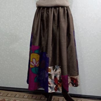 着物リメイク♪茶泥大島紬と銘仙とで作ったスカート（裏地付き）丈７８ｃの画像