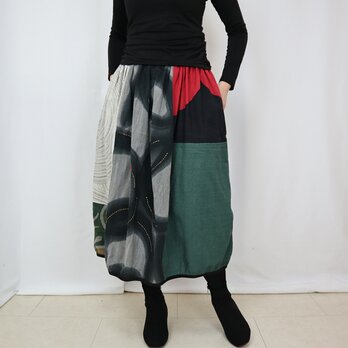 新色草木染め、手織り綿のパッチワークバルーンスカート、フリーサイズの画像