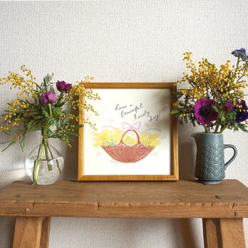 「ミモザの花かご」20cm角ポスター（文字入り／なし）の画像