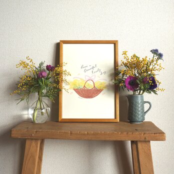 「ミモザの花かご」A4ポスター（文字入り／なし）の画像