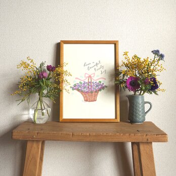 「スミレの花かご」A4ポスター（文字入り／なし）の画像
